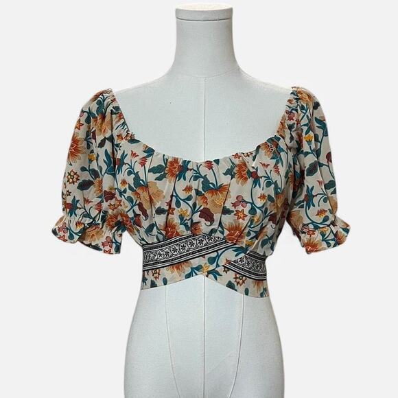 Milk & Honey Ivory, Teal & Orange Boho Floral On or Off the Shoulder Crop Top XS - Picture 2 of 6